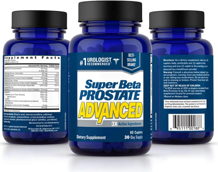 3 bottles of Suepr Beta Prostate Advanced, showing front label, supplement facts and directions.