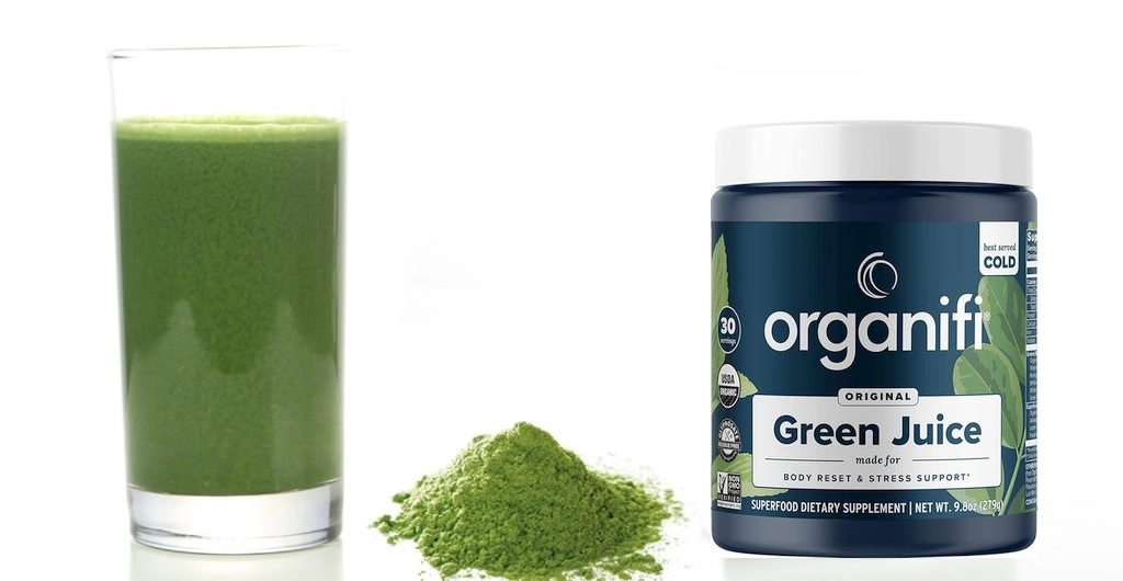 Organifi Green Juice container, powder, and drink in glass.