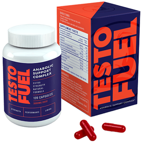Testofuel testosterone supplement box, bottle and capsules on white background