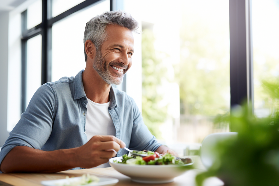 Forty-something year-old man sitting at a table enjoying a healthy salad