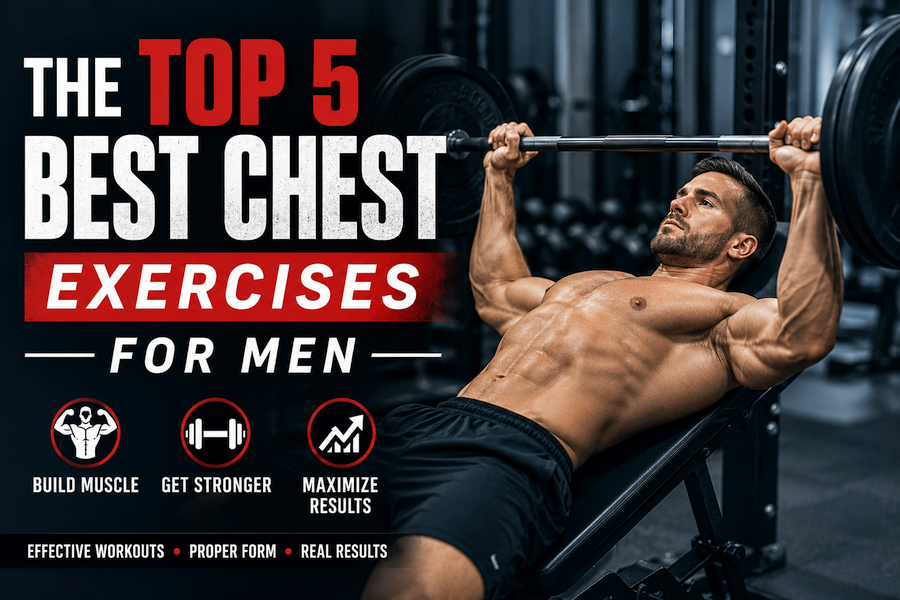 Featured image for an article about the best chest exercises for men. A muscular man performs an incline barbell bench press in a modern gym, emphasizing proper lifting form and upper-body strength. Bold text reads "The Top 5 Best Chest Exercises for Men," with fitness icons highlighting muscle building, strength, and performance. The dark gym background and red, white, and black color scheme create a strong, professional fitness aesthetic.