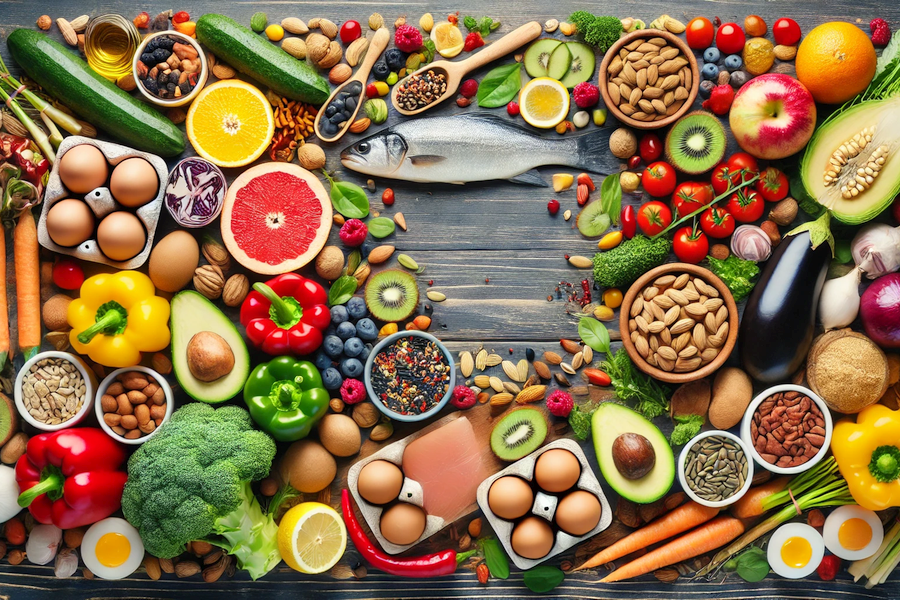 An assortment of fresh micronutrient-rich foods laid out on a wooden table.