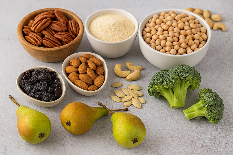 A neatly arranged spread of natural boron-rich foods—including almonds, raisins, chickpeas, broccoli, pecans, pumpkin seeds, cashews, pears, and a bowl of powdered boron-rich ingredients displayed on a clean gray surface.