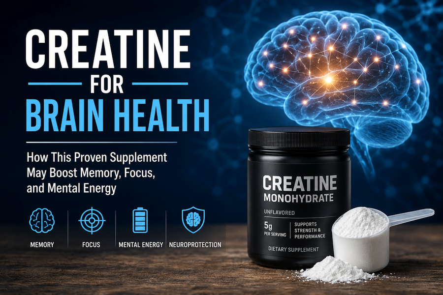 Professional featured image showing a container of creatine monohydrate beside a scoop of powder with a glowing digital brain graphic in the background, representing creatine’s potential benefits for brain health, memory, focus, and mental energy.