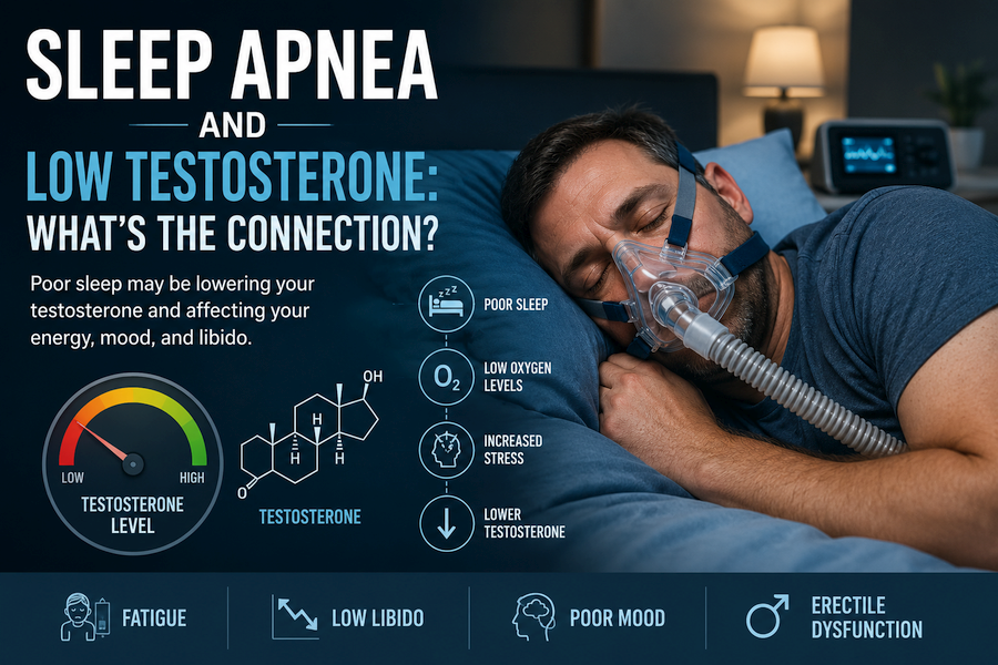 A tired middle-aged man lying awake in bed at night while wearing a CPAP mask, with a dim blue bedroom atmosphere and subtle medical sleep monitoring graphics in the background, symbolizing the connection between sleep apnea and low testosterone.