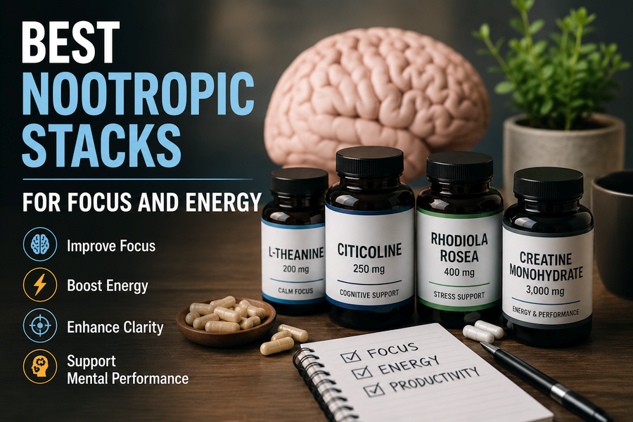 Professional featured image for an article about the best nootropic stacks for focus and energy, showing supplement bottles labeled L-theanine, citicoline, rhodiola rosea, and creatine on a desk beside capsules, a notebook, and a brain model, representing cognitive performance, mental clarity, productivity, and sustained energy.
