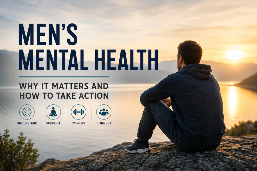 A thoughtful adult man sits on a rocky overlook beside a calm lake at sunrise, gazing toward distant mountains. The image symbolizes men's mental health, emotional well-being, self-reflection, resilience, and personal growth, with a professional headline reading "Men's Mental Health: Why It Matters and How to Take Action."