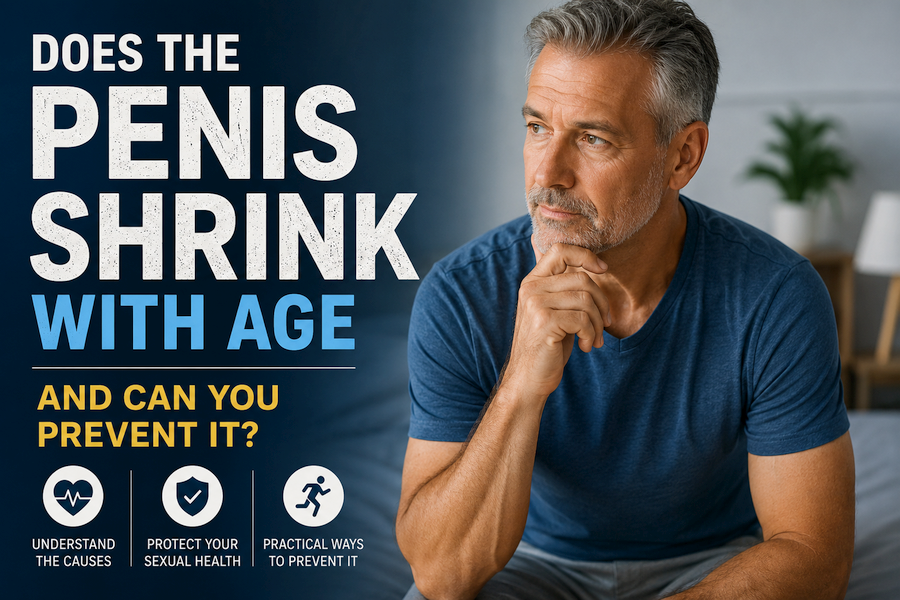 Thoughtful middle-aged man sitting on the edge of a bed with the title 'Does the Penis Shrink With Age – And Can You Prevent It?' illustrating age-related changes in men's sexual health, erectile function, and healthy aging.