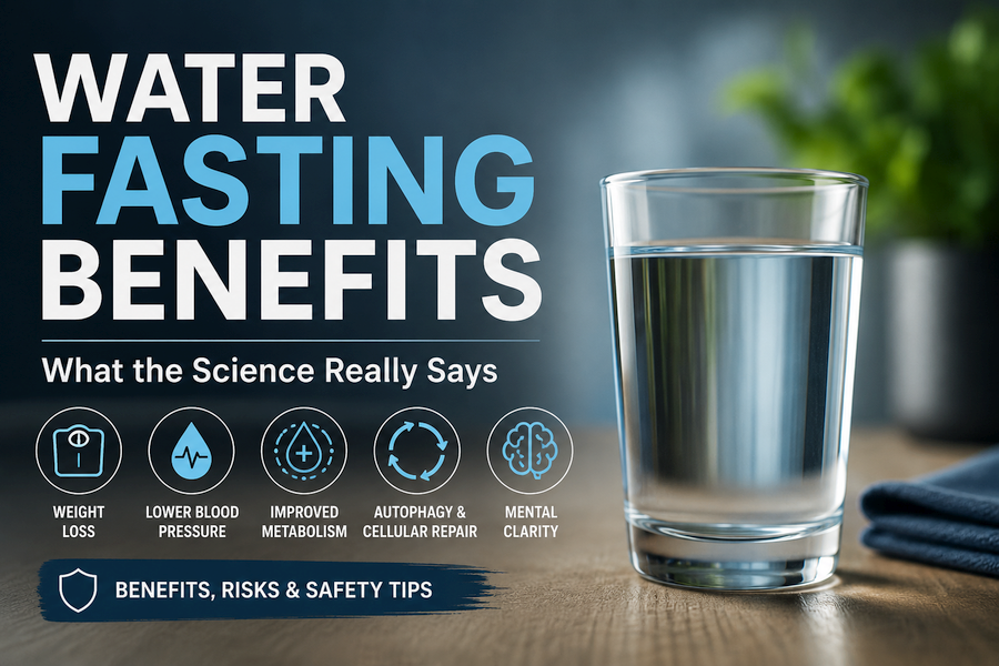 A professional featured image for an article about water fasting benefits. A clear glass of water sits on a wooden table against a softly blurred modern background, while bold text reads "Water Fasting Benefits: What the Science Really Says." Icons highlight key topics including weight loss, lower blood pressure, improved metabolism, autophagy and cellular repair, and mental clarity, with a banner emphasizing benefits, risks, and safety tips.