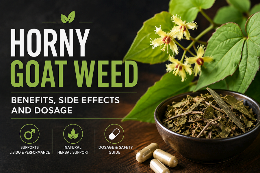 **Alt text:** Horny goat weed plant with green leaves and yellow flowers beside dried herbs and capsules, illustrating its potential benefits, side effects, and dosage.