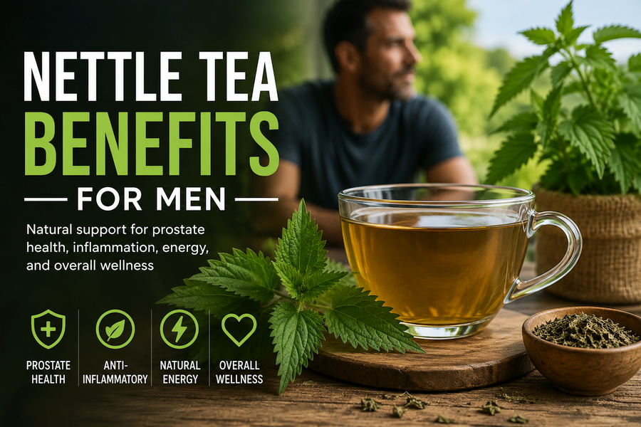 **Alt text:** Featured image for an article about nettle tea benefits for men, showing a glass cup of golden nettle tea beside fresh nettle leaves and dried herbs on a rustic wooden table. A blurred man sits outdoors in the background, while bold text reads "Nettle Tea Benefits for Men" with icons highlighting prostate health, anti-inflammatory properties, natural energy, and overall wellness.