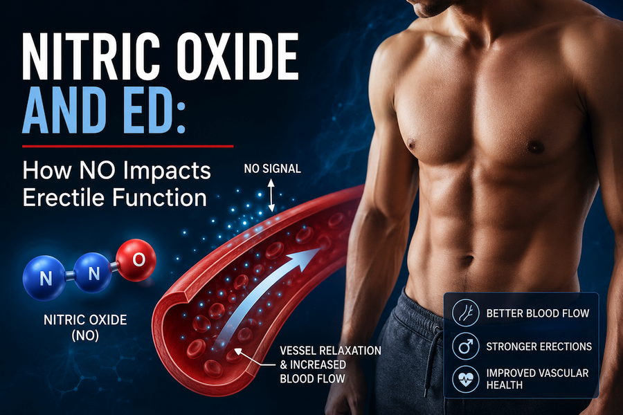 Nitric oxide and erectile dysfunction infographic showing increased blood flow through a relaxed blood vessel alongside a fit male torso, illustrating how nitric oxide supports erectile function.