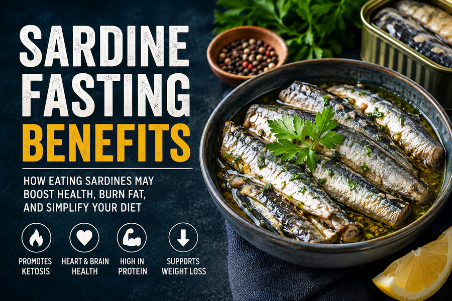 Sardine fasting benefits infographic featuring a bowl of sardines with icons highlighting ketosis, heart and brain health, protein, and weight loss.