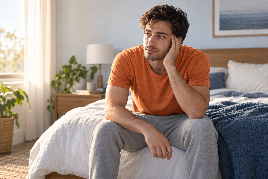 Young man sits on the edge of his bed in morning light, looking tired and thoughtful.
