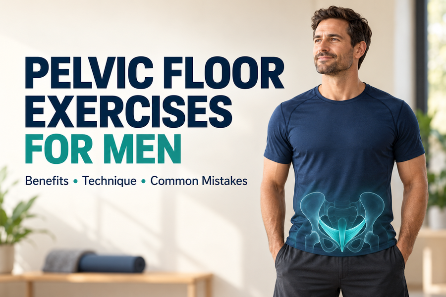 Featured graphic showing a man in a navy shirt with a teal pelvic floor illustration and the text “Pelvic Floor Exercises for Men: Benefits, Technique, Common Mistakes.”